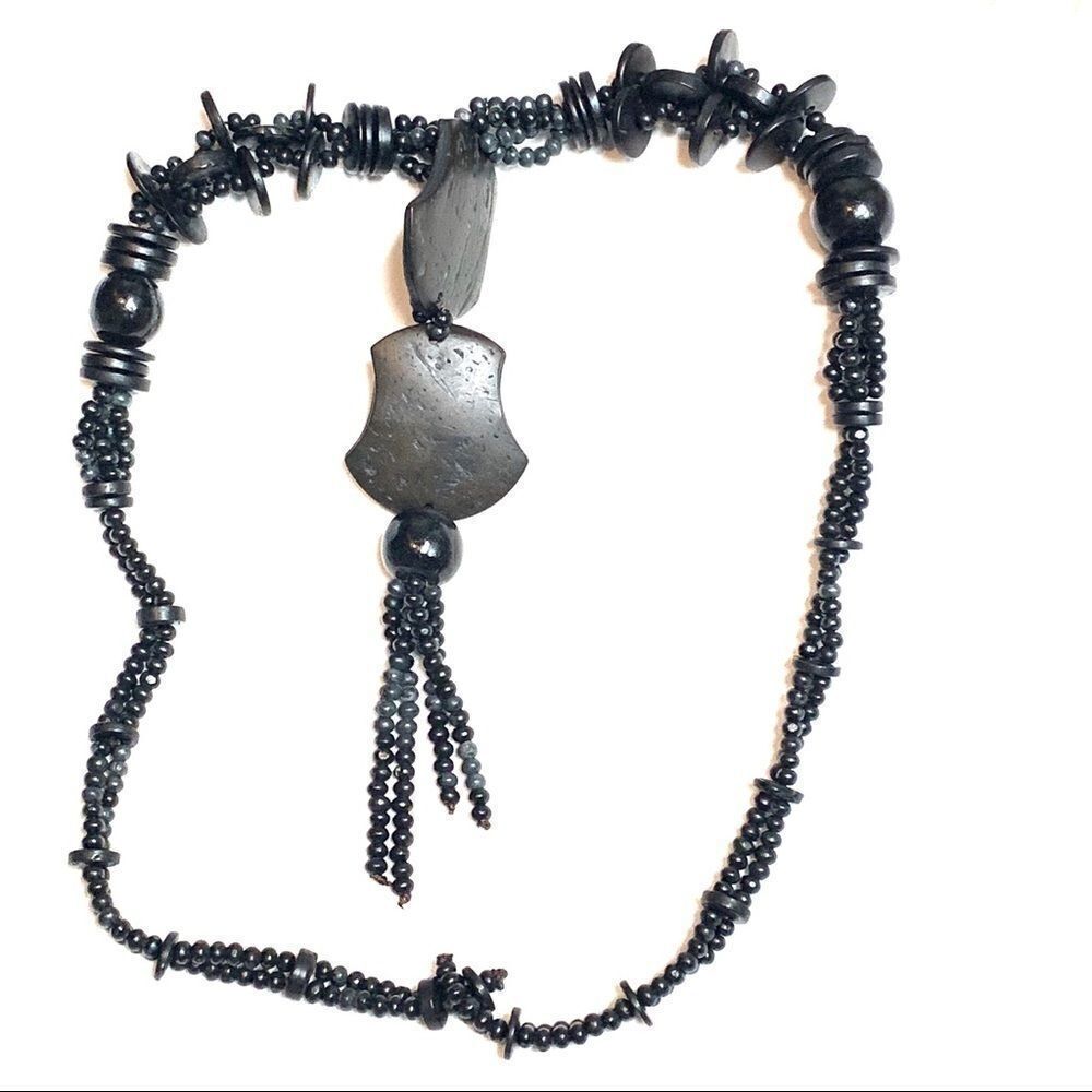 Black wood -coconut-long beaded tassel necklace